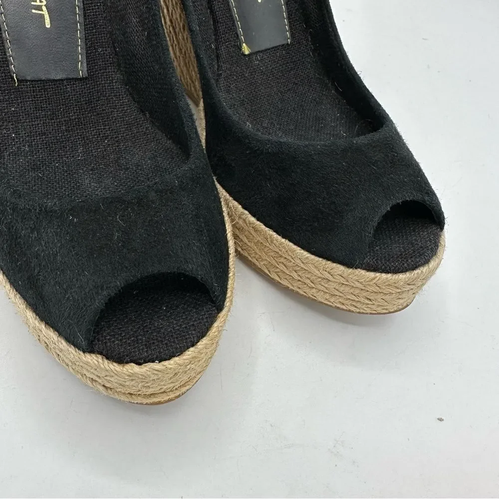 JEAN-MICHEL CAZABAT Black Suede Peep-Toe Espadrille Wedges Sz 37.5 ‎ US 7